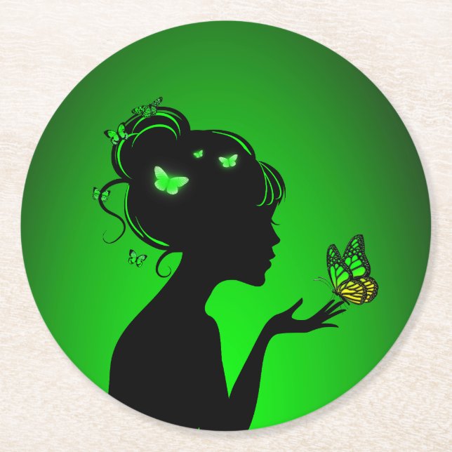 Green Butterfly Woman Paper Coasters (Front)