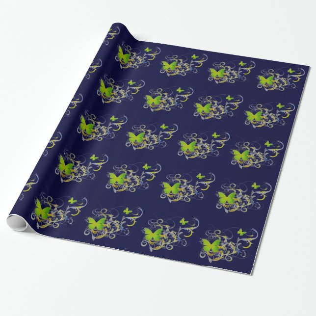 Green  Butterflys Wrapping Paper (Unrolled)