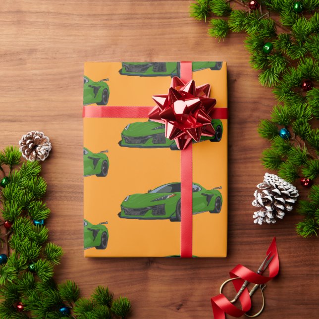 Green C8 Corvette Sports Car Hand Drawn  Wrapping Paper (Holiday Gift)