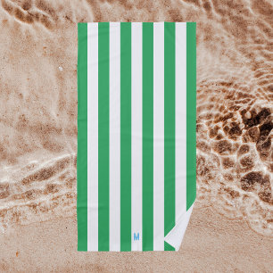 Green Cabana Stripe & Personalised Blue Monogram Beach Towel