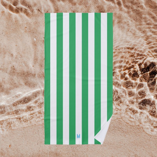 Green Cabana Stripe & Personalised Blue Monogram Beach Towel (Creator Uploaded)