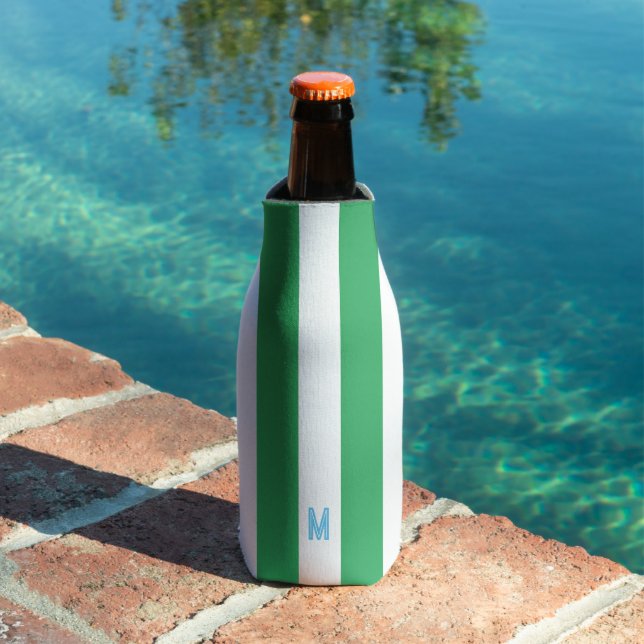 Green Cabana Stripe & Personalised Blue Monogram Bottle Cooler (In Situ Pool)