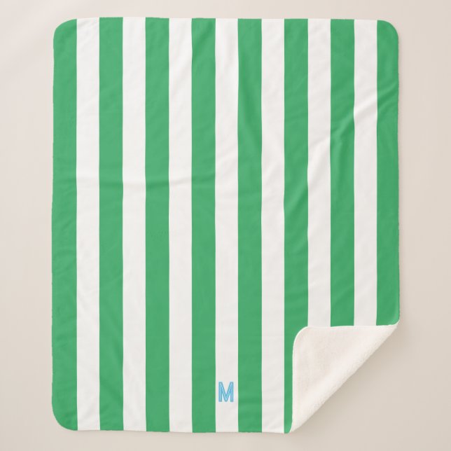 Green Cabana Stripe & Personalised Blue Monogram Sherpa Blanket (Front)