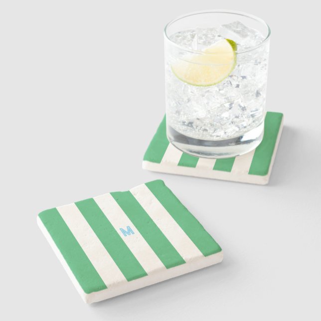 Green Cabana Stripe & Personalised Blue Monogram Stone Coaster (Side)