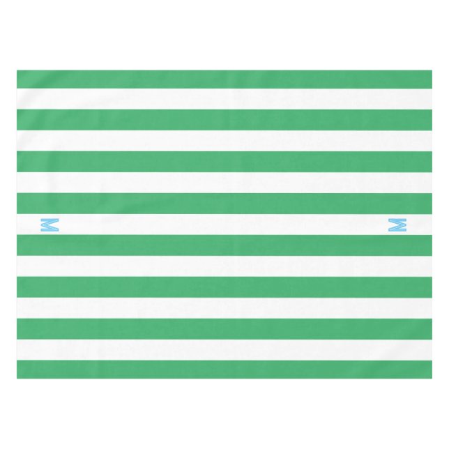 Green Cabana Stripe & Personalised Blue Monogram Tablecloth (Front (Horizontal))