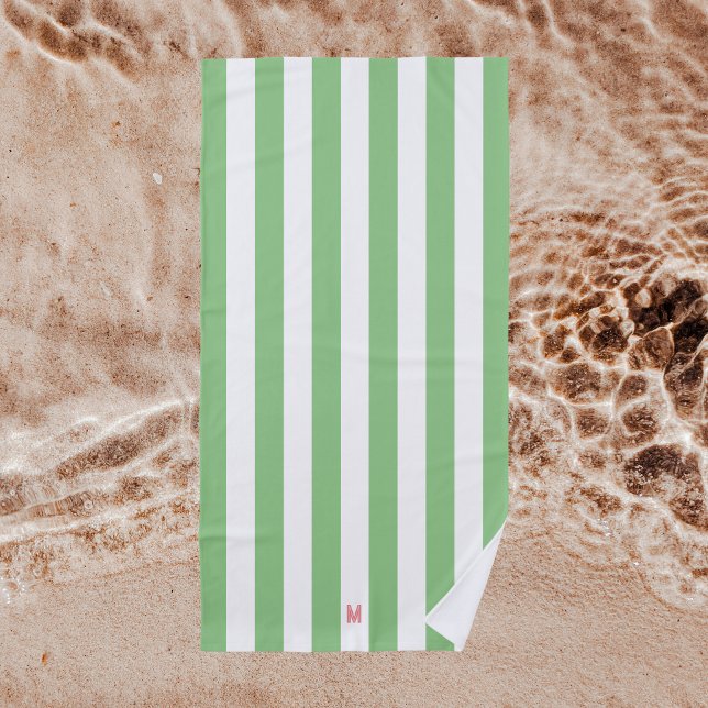 Green Cabana Stripe & Personalised Pink Monogram Beach Towel (Creator Uploaded)