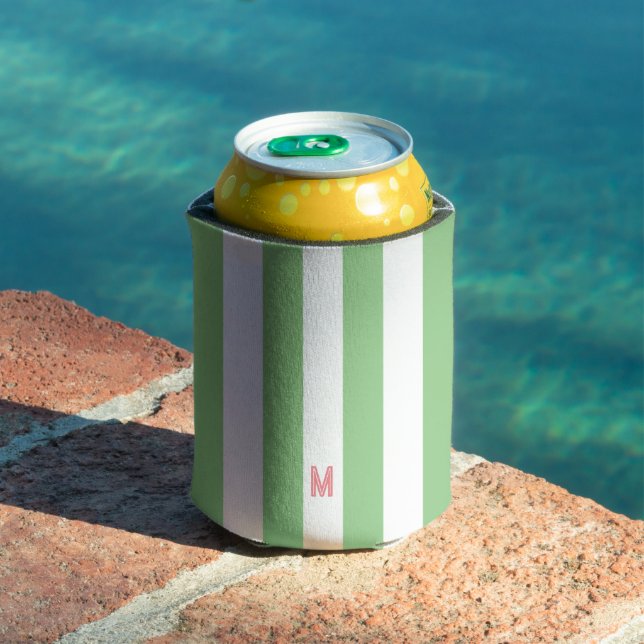 Green Cabana Stripe & Personalised Pink Monogram Can Cooler (In Situ Pool)