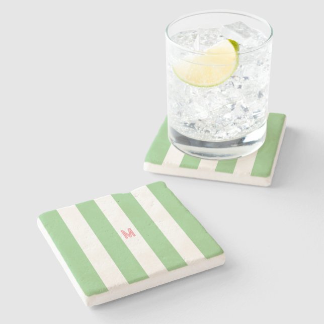 Green Cabana Stripe & Personalised Pink Monogram Stone Coaster (Side)