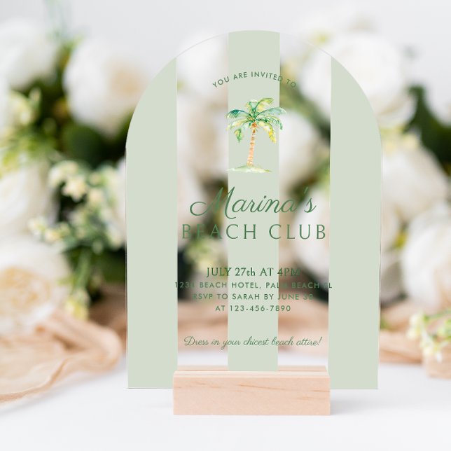 Green Cabana Stripes Palm Beach Club Birthday Arch Acrylic Invitations (Creator Uploaded)