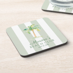 Green Cabana Stripes Palm Beach Club Birthday Coaster
