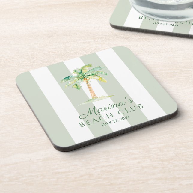 Green Cabana Stripes Palm Beach Club Birthday Coaster (Left Side)