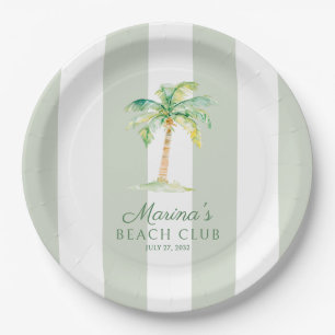 Green Cabana Stripes Palm Beach Club Birthday Paper Plate