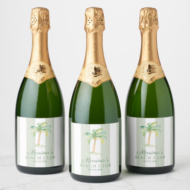 Green Cabana Stripes Palm Beach Club Birthday Sparkling Wine Label (Bottles)