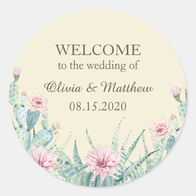 Green cactus and floral succulent. Wedding Welcome Classic Round Sticker (Front)