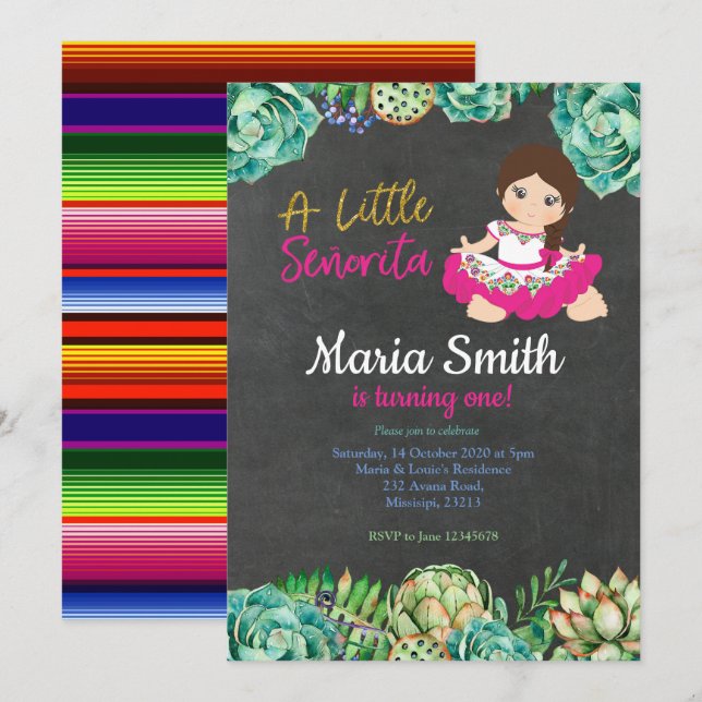 Green Cactus Fiesta Birthday Girl Invitation (Front/Back)
