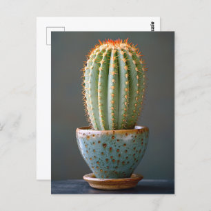 Green Cactus in a Teal Ceramic Pot Photography Postcard