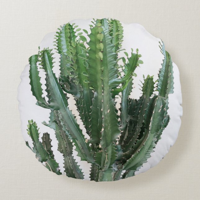 Green Cactus: Minimalist White Background Round Cushion (Front)