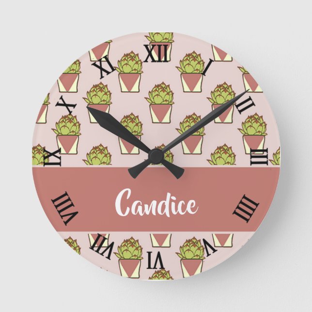 Green cactus plants on pink round clock (Front)