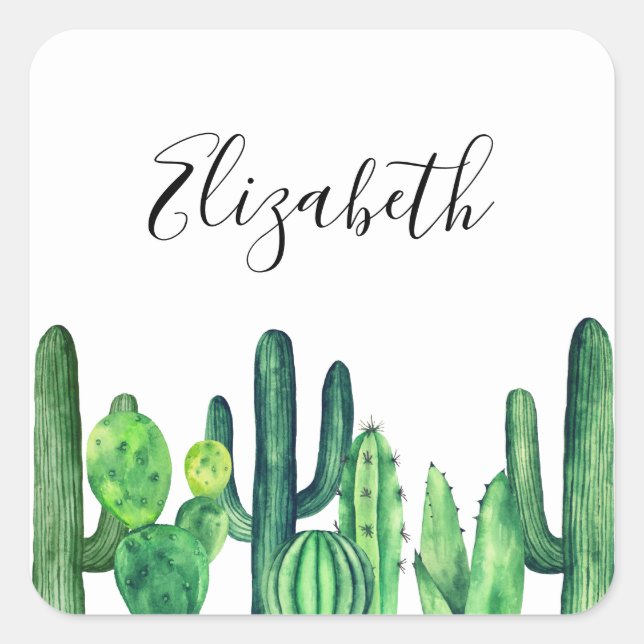 Green cactus. Watercolor cacti. Name. Botanical Square Sticker (Front)