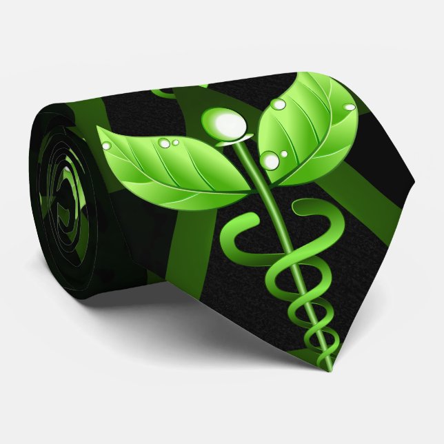 Green Caduceus Alternative Medicine Medical Emblem Tie (Rolled)