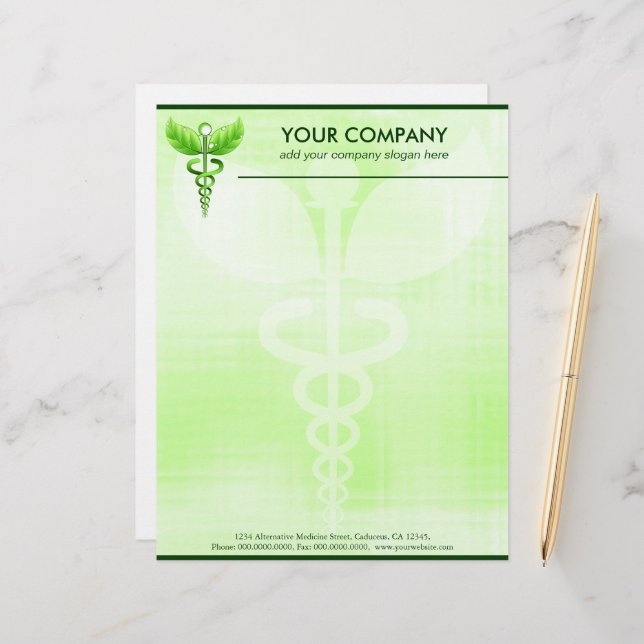 Green Caduceus Alternative Medicine Medical Symbol Customised Letterhead (Front/Back In Situ)