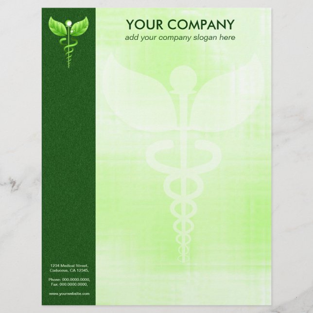 Green Caduceus Alternative Medicine Symbol Formal Personalised Letterhead (Front)
