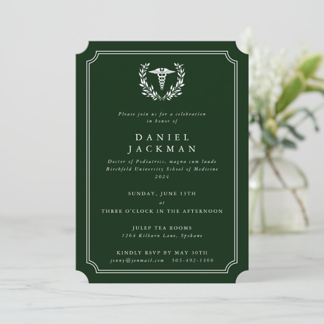 Green Caduceus+Laurel Medical School Graduation Invitation (Standing Front)