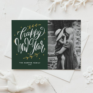 Green Calligraphy and Wreath New Year Photo Holiday Card