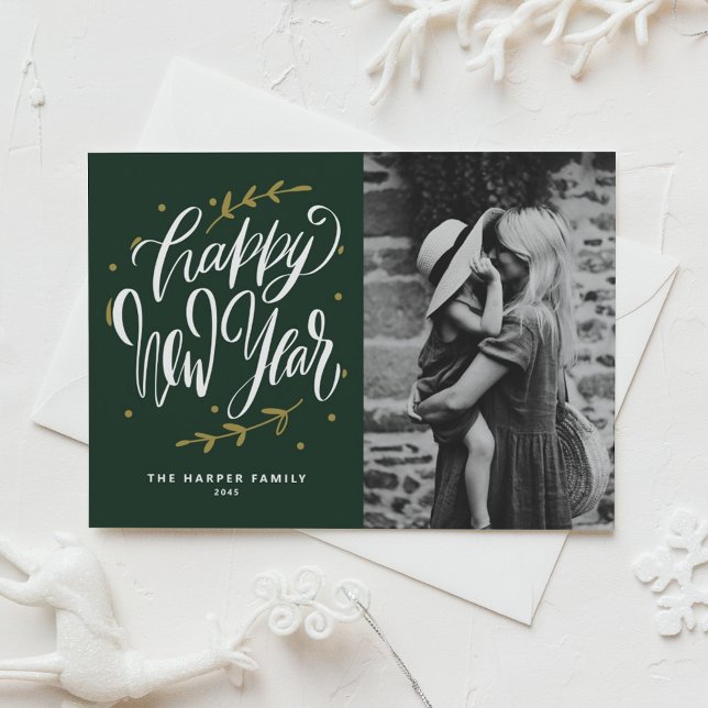 Green Calligraphy and Wreath New Year Photo Holiday Card (Customizable green photo Happy New Year card featuring modern calligraphy and wreath.)