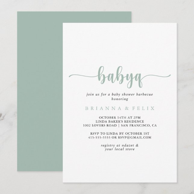 Green Calligraphy BabyQ Baby Shower Barbecue Invitation (Front/Back)