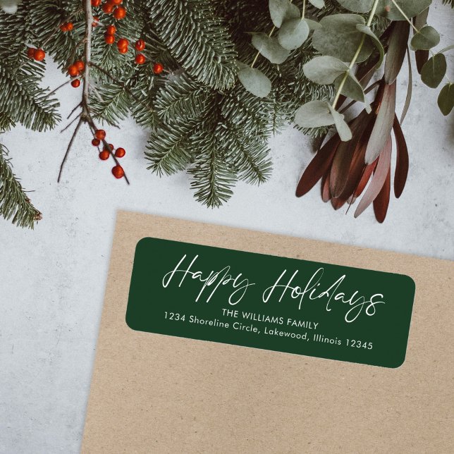 Green Calligraphy Happy Holidays Return Address (Creator Uploaded)