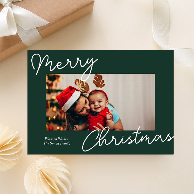 Green Calligraphy Merry Christmas Modern Photo Holiday Card (Creator Uploaded)