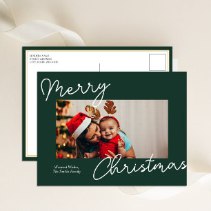 Green Calligraphy Merry Christmas Modern Photo Holiday Postcard
