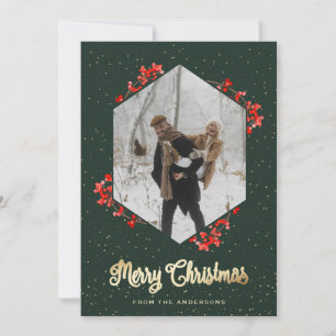 Green Calligraphy Red Berries Snow Photo Christmas Holiday Card