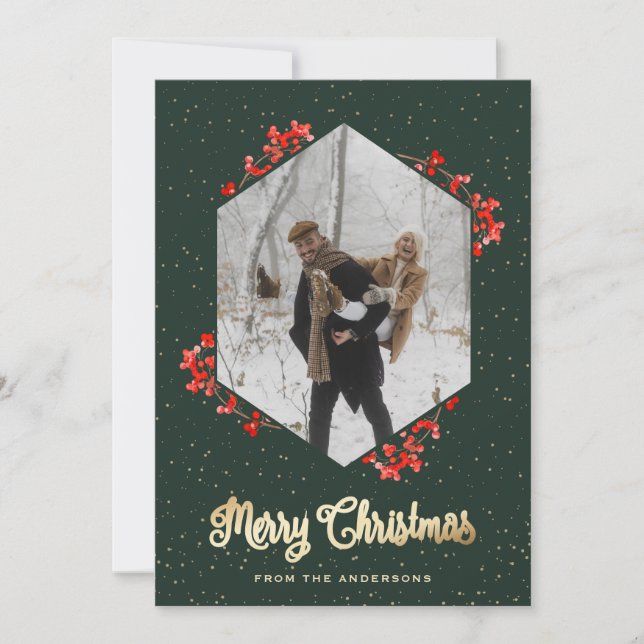 Green Calligraphy Red Berries Snow Photo Christmas Holiday Card (Front)
