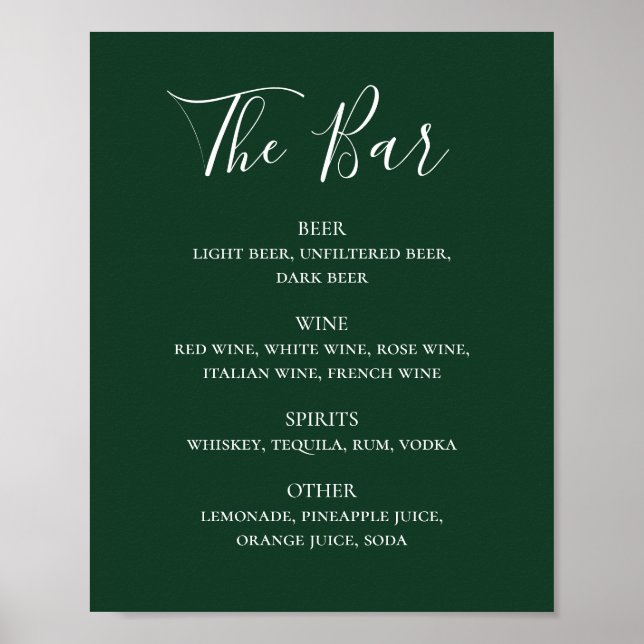 Green calligraphy script wedding drinks bar menu poster (Front)