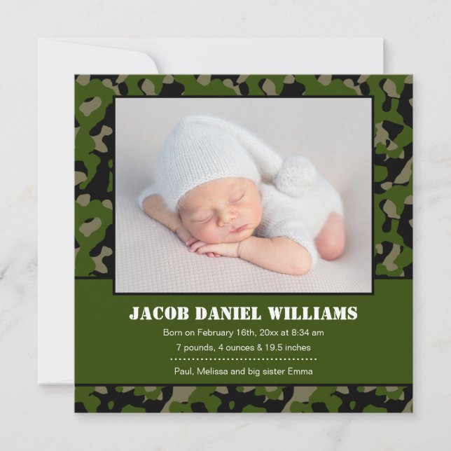 Green Camo Baby Photo Birth Announcement (Front)