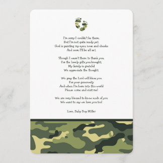 Green Camo baby shower thank you note with poem Card