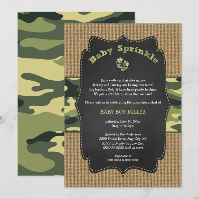 Green Camo Baby Sprinkle Invite, camouflage burlap Invitation (Front/Back)