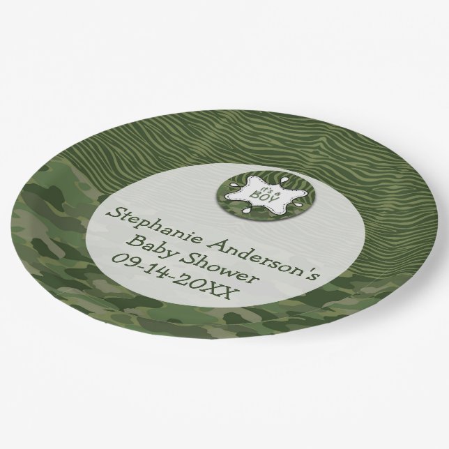 Green Camo Boy Baby Shower Paper Party Plates (Angled)