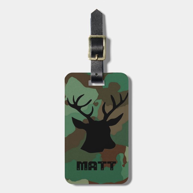 Green Camo & Buck Deer Personalised Luggage Tag (Front Vertical)
