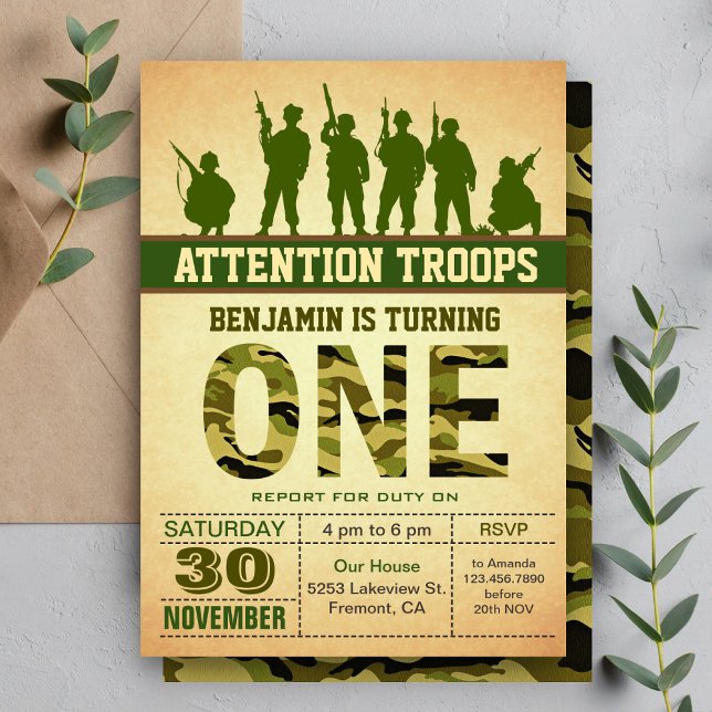 Green Camo Camouflage First Birthday Invitation (Creator Uploaded)