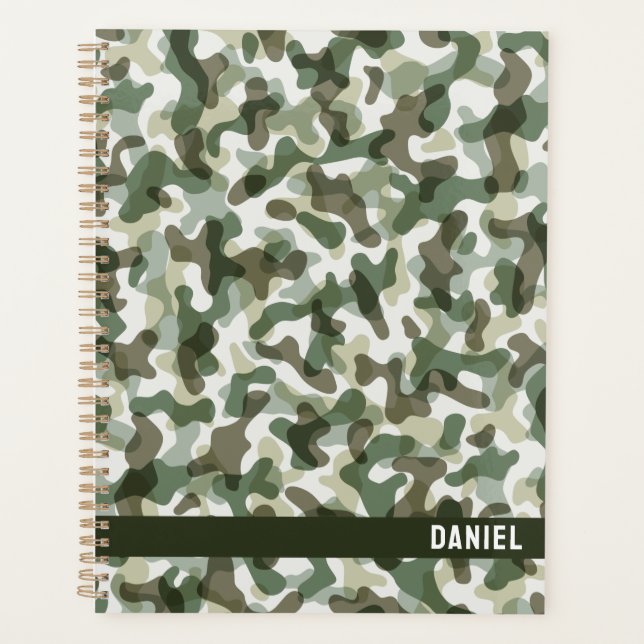Green Camo pattern in earth tones with brown Planner (Front)