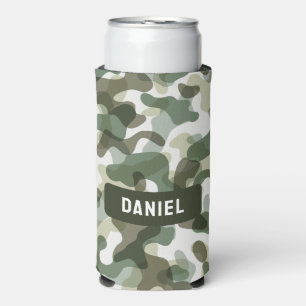 Green Camo pattern in earth tones with brown Seltzer Can Cooler