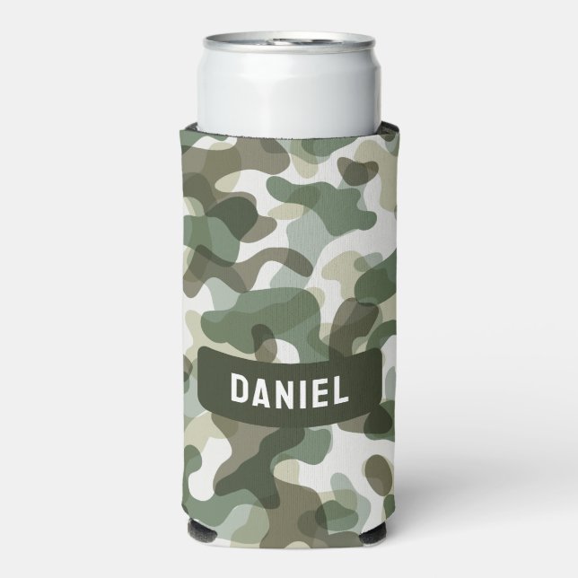 Green Camo pattern in earth tones with brown Seltzer Can Cooler (Seltzer Front)