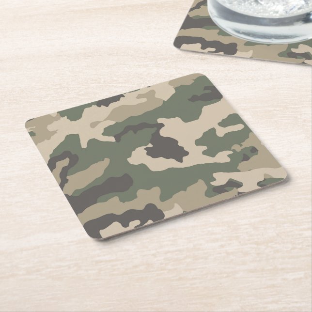 Green Camo Pattern Square Paper Coaster (Angled)
