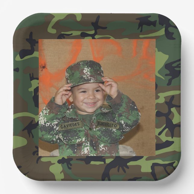Green Camo Photo Frame Birthday Paper Plate (Front)