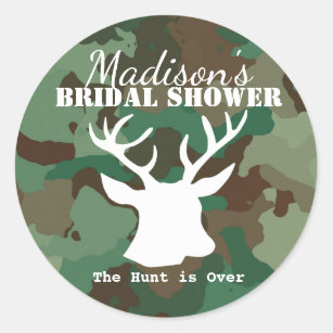 Green Camo The Hunt is Over Bridal Shower Classic Round Sticker
