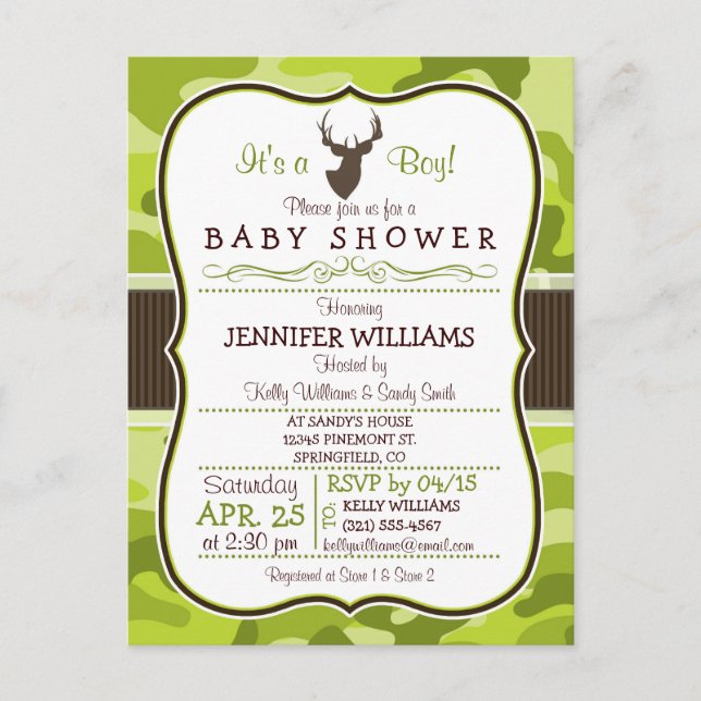 Green Camo with Buck; Boy Baby Shower Invitation (Front)