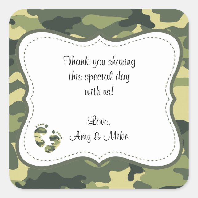 Green Camouflage Baby Shower Favour Label w/feet (Front)